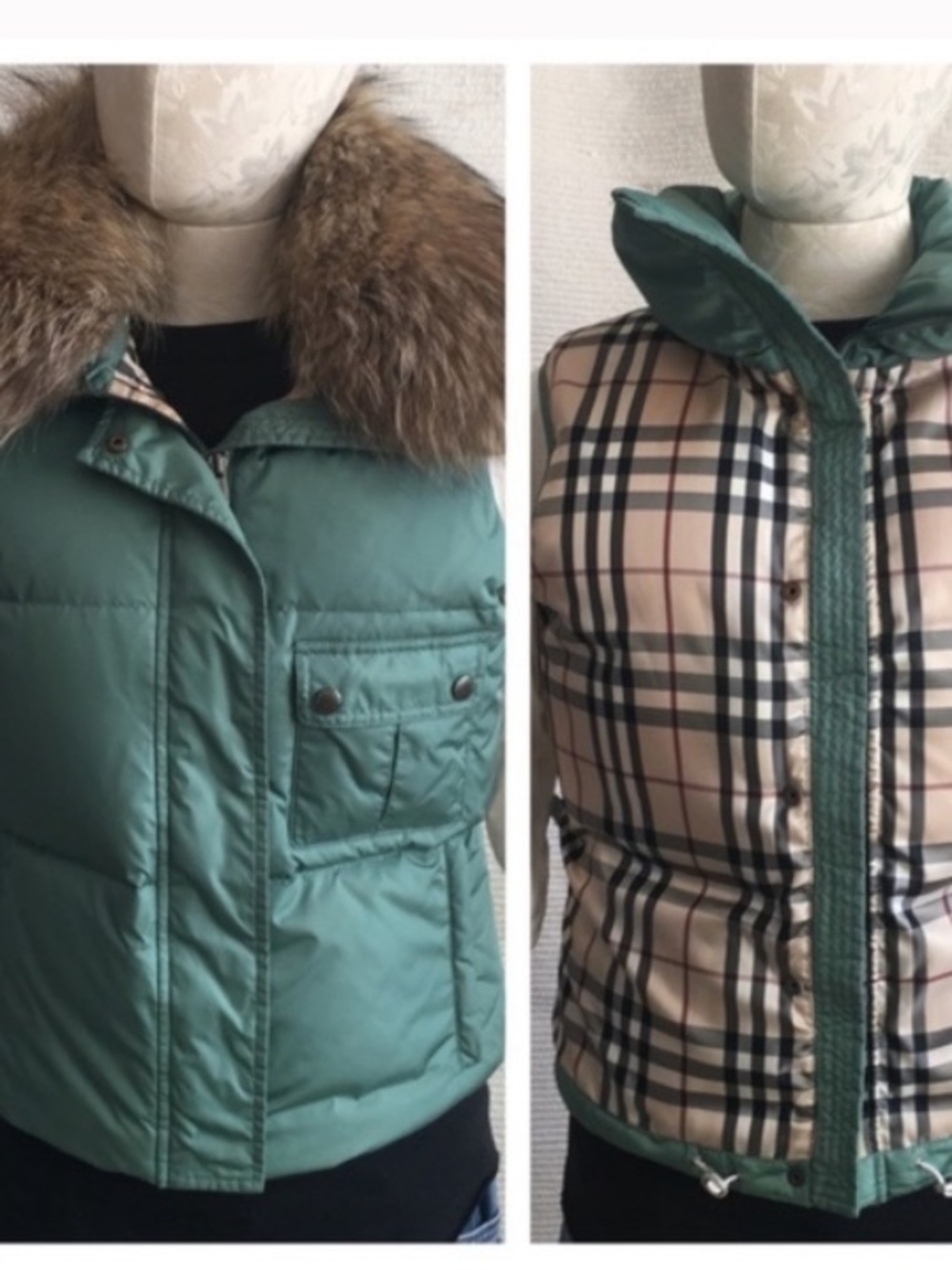 Burberry Green Reversible Nova Check Down Vest with Fur Trim womens size large